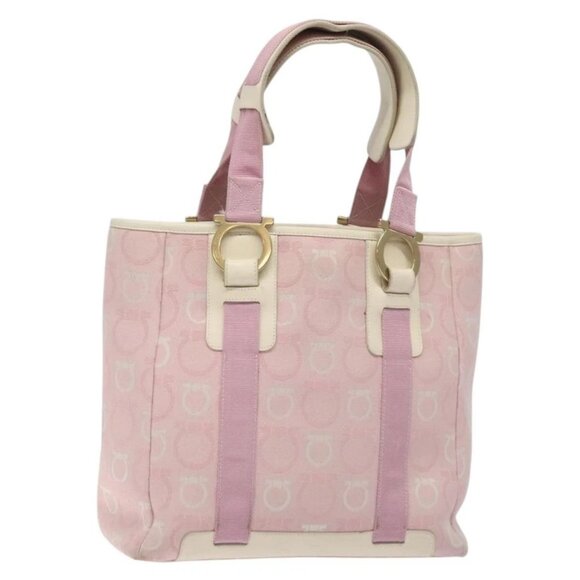 Salvatore Ferragamo Gancini Tote Bag Canvas Pink Gold Auth - Picture 3 of 16